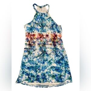 Watercolor blue and sea foam green halter chiffon trapeze dress